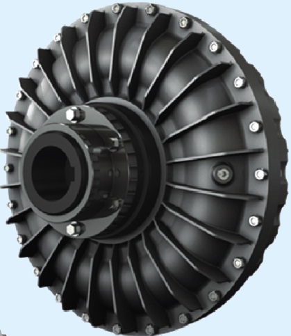 Fluid coupling showing input and output shafts with hydraulic fluid inside, enabling smooth torque transfer and overload protection.